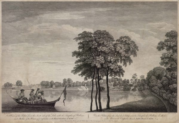 A View of the Palace from the South side of the Lake with the Temples of Bellona and Aeolus and the House of Confucius in the Royal Gardens at Kew