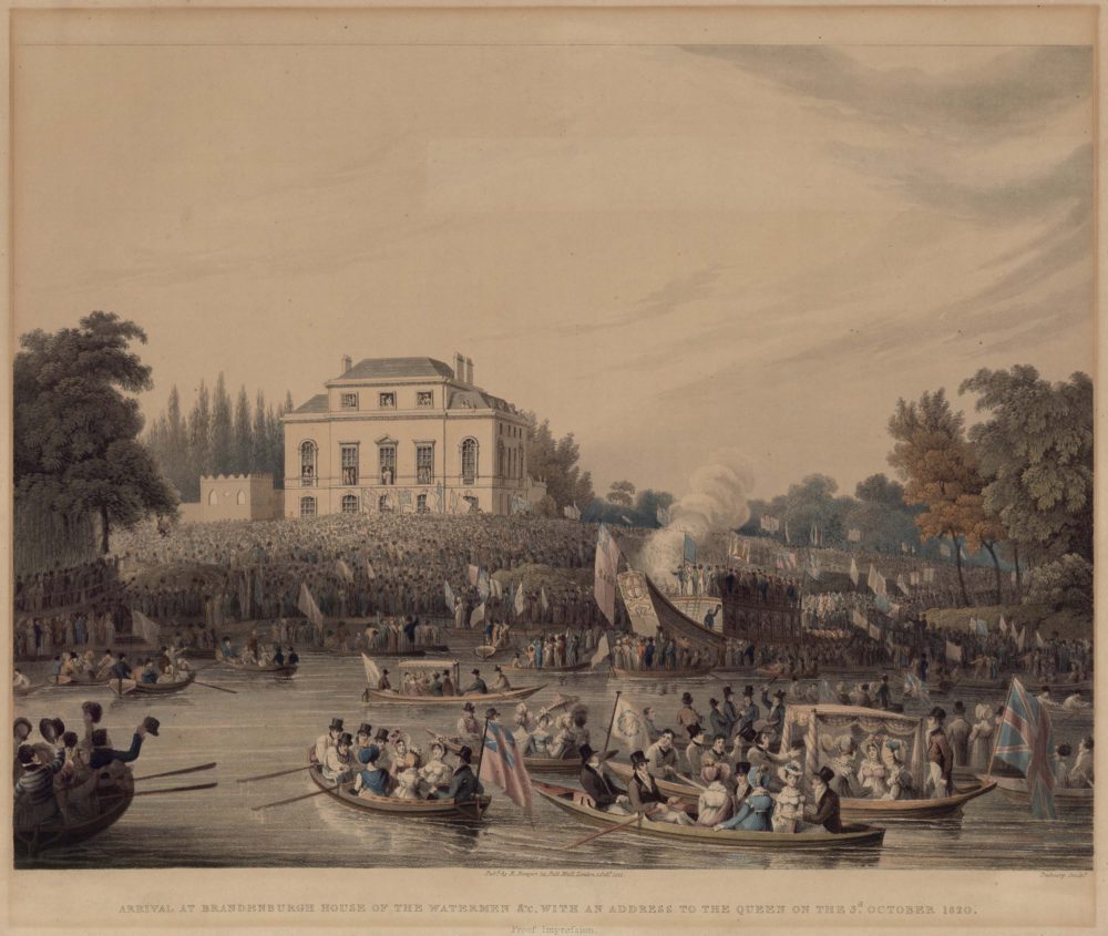 Arrival at Brandenburgh House of the Waterman and Co. with an Address to the Queen on the 3rd October 1820