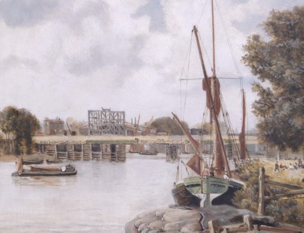 The present Hammersmith Bridge under construction showing the temporary bridge