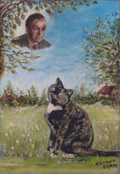 Santa – portrait of Beverley Nichols with cat gazing at him