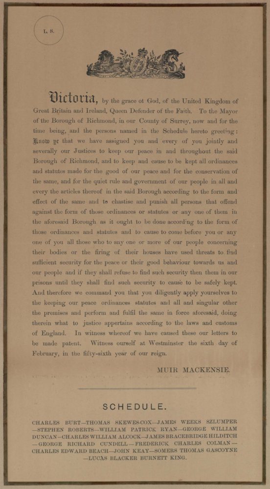Announcement beginning “Victoria by the Grace of God…” to the Mayor of the borough of Richmond…Muir Mackensie