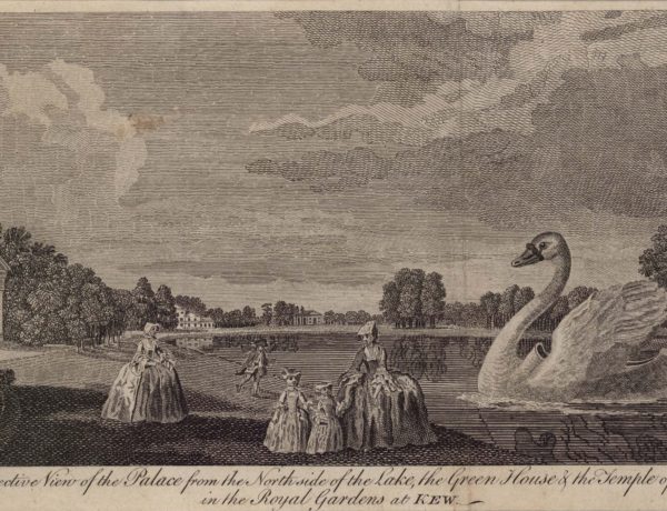 A Perspective View of the Palace from the Northside of the Lake, the Green House and the Temple of Arethusa, in the Royal Gardens at Kew