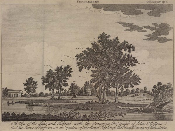 A View of the Lake and Island with the Orangerie, the Temple of Eolus and Bellona and the House of Confucius in the Garden of her Royal Highness the Princess Dowager of Wales at Kew