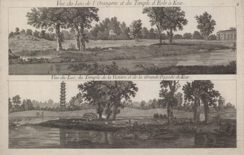 Vue du Lac, de l’Orangerie et du Temple d’Eole a Kew / Vue du Lac, du Temple de la Victoire et de la Grande Pagode de Kew