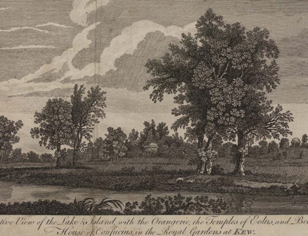 A Perspective View of the Lake and Island with the Orangerie, the Temple of Eolus and Bellona, and House of Confucius, in the Royal Garden at Kew