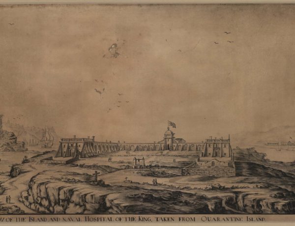A View of the Island and Naval Hospital of the King taken from Quarantine Island