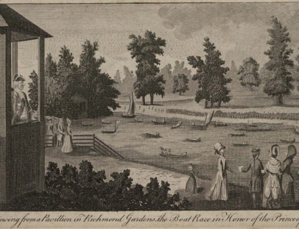 Their Majesties viewing from a pavillion in Richmond Gardens the Boat race in honor of the Prince of Wales’s Birth Day