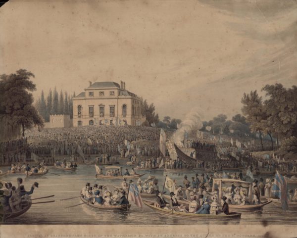 Arrival at Brandenburgh House of the Waterman and Co. with an Address to the Queen on the 3rd October 1820