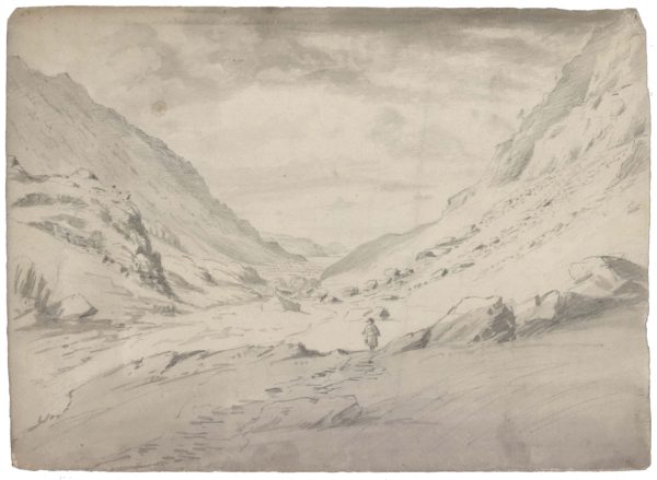 View of Llanberis Lakes and Dolbadarn Castle from the rocky pass at the foot of Snowdon