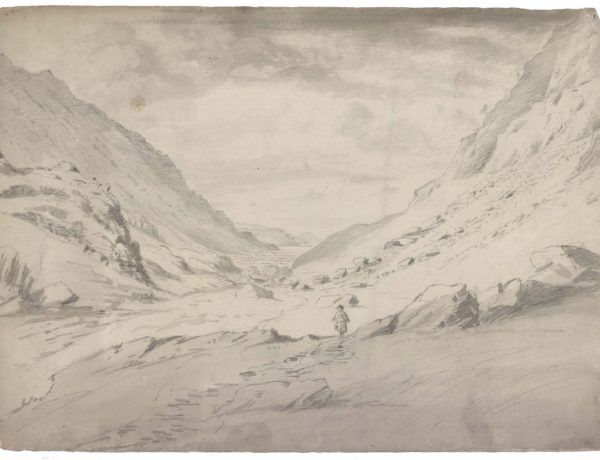 View of Llanberis Lakes and Dolbadarn Castle from the rocky pass at the foot of Snowdon
