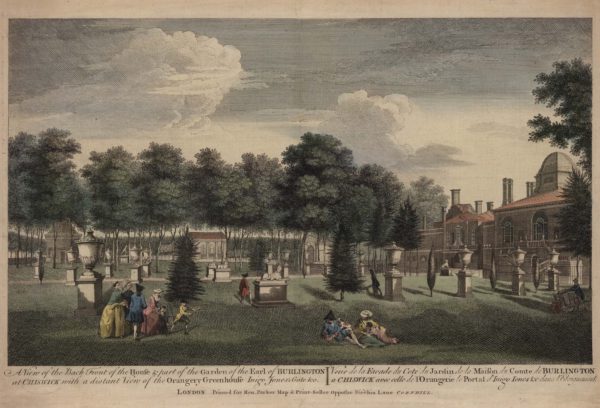 A View of the Back Front of the House and part of the Garden of the Earl of Burlington at Chiswick with a distant View of the Orangery Greenhouse Inigo Jones’s Gate and c.