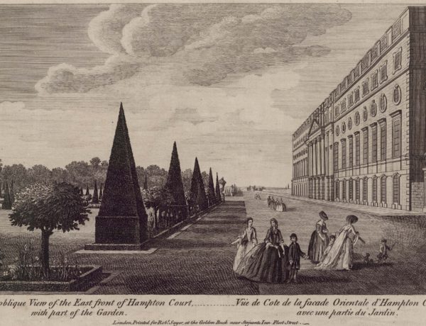 An oblique view of the east front of Hampton Court with part of the garden