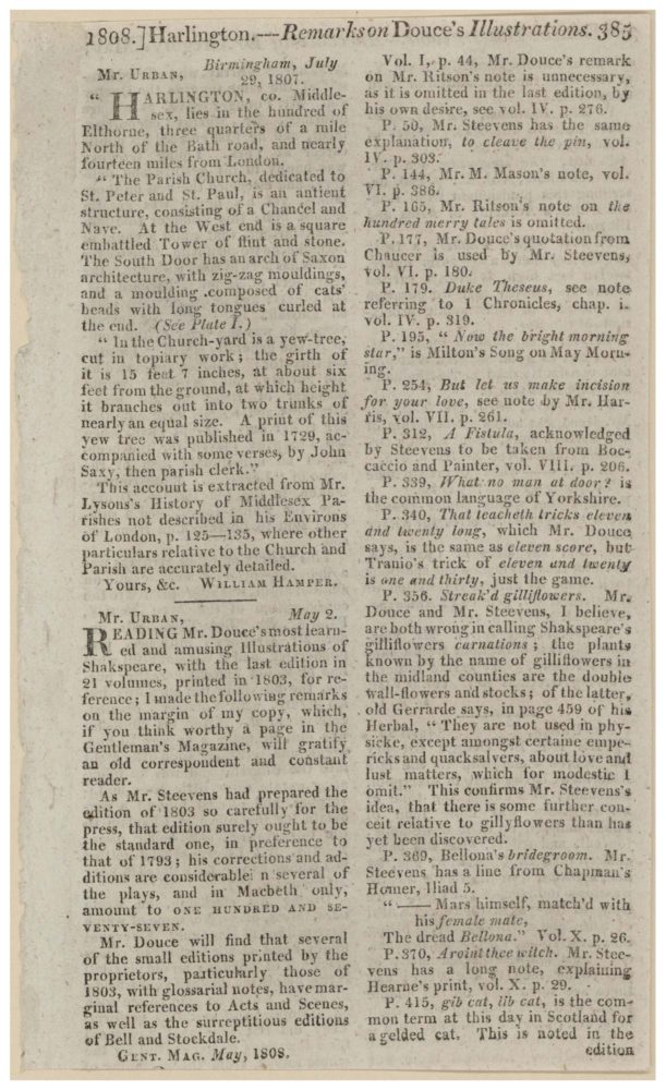 Harlington, Remarks on Douce’s Illustrations