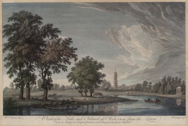 A View of the Lake and Island seen from the Lawn, with the Bridge, the Temples of Arethusa, and Victory, & the great Pagoda, in the Royal Gardens at Kew