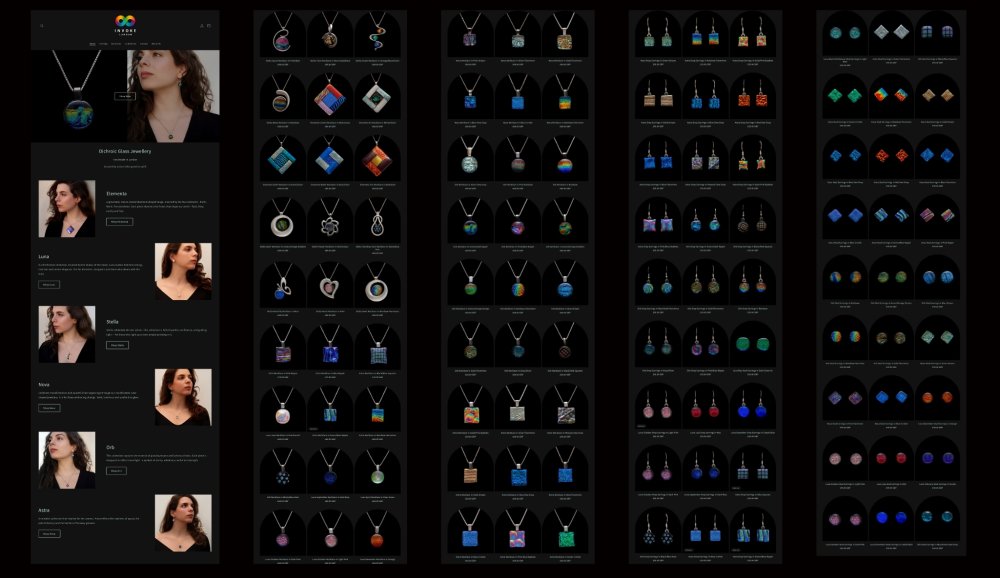 Screenshot of Madiha Zaidi’s website invokelondon.co.uk, showcasing her collections of handcrafted dichroic glass jewellery including pendants, earrings, and matching sets, displayed on a dark background with product names and models wearing key pieces from each collection.