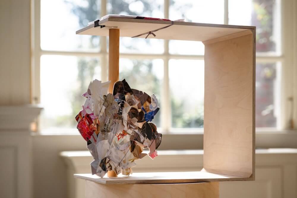 A sculptural artwork by Abigail Hunt. Shown as part of the Cultural Reforesting exhibition at Orleans House Gallery.