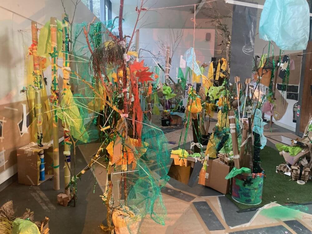 Matt Shaw’s use of the studio at Compton Verney in January 2024, full of trees made from cardboard, fabric and other materials.